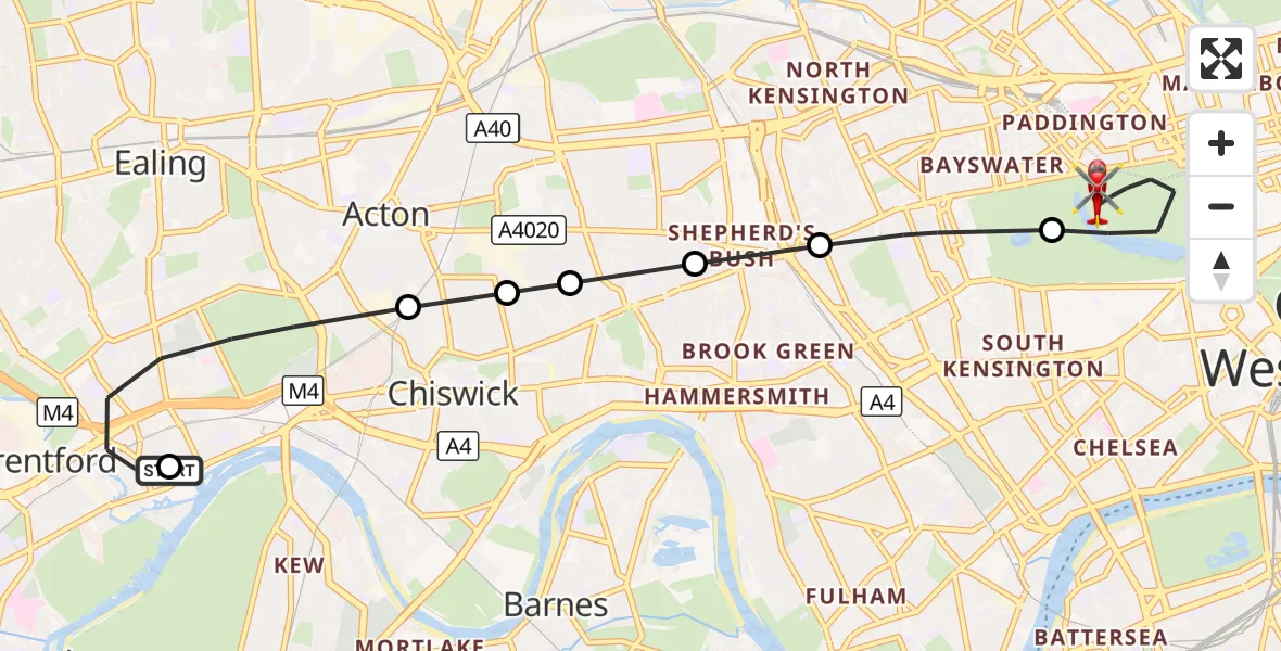 Flight route Air Ambulance Helicopter Brentford - City of Westminster, 20 August 2026, 11:11