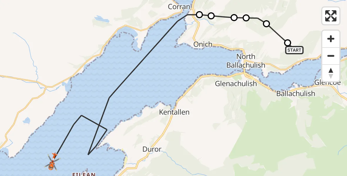 Flight route Coastguard Helicopter Ballachulish - Inner Seas, 20 August 2026, 11:15