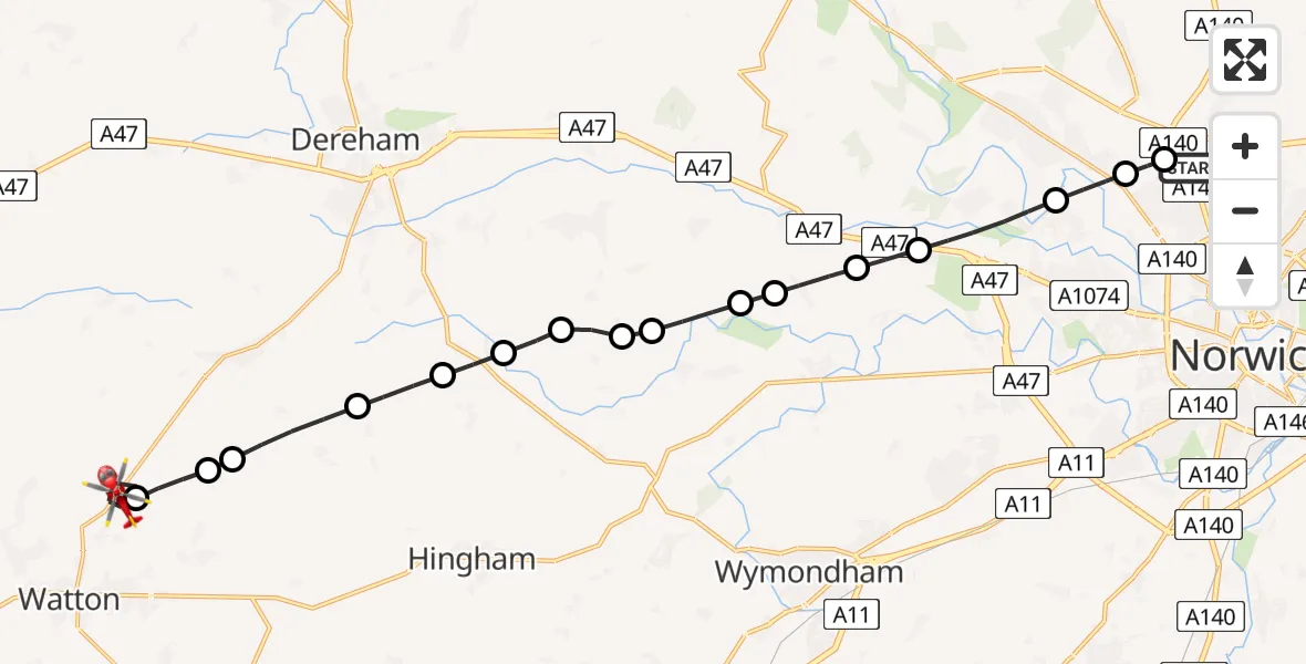 Flight route Air Ambulance Helicopter Norwich Airport - Ovington, 20 August 2026, 11:16
