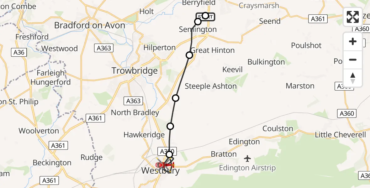 Flight route Air Ambulance Helicopter Wiltshire Air Ambulance - Westbury, 20 August 2026, 11:21