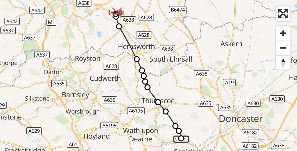 Flight route Air Ambulance Helicopter Denaby Main - YAA Nostell Helicopter Port, 20 August 2026, 11:41