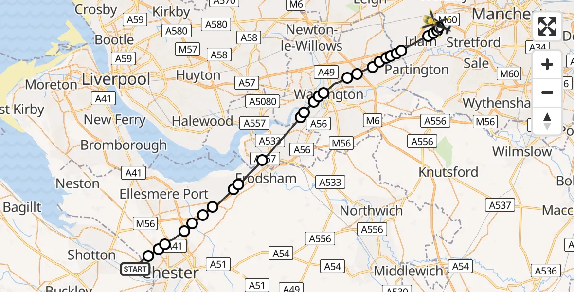 Flight route Police Helicopter Sealand - Irlam, 20 August 2026, 11:47