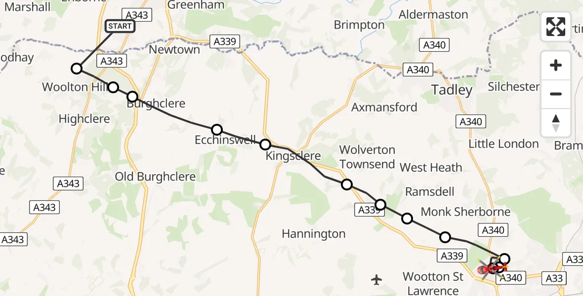 Flight route Air Ambulance Helicopter Newbury - Basingstoke, 20 August 2026, 11:51