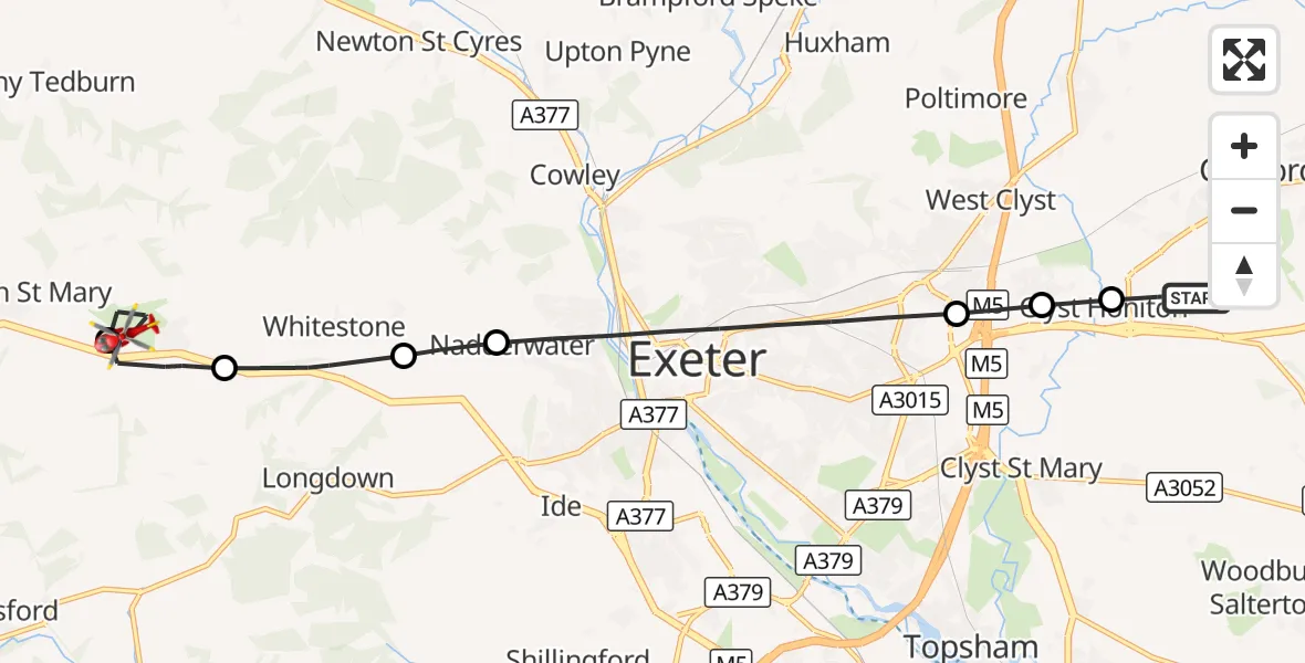 Flight route Air Ambulance Helicopter Exeter International Airport - Tedburn St Mary, 20 August 2026, 11:55