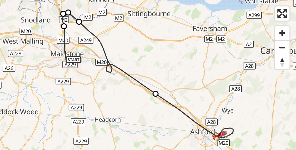 Flight route Air Ambulance Helicopter Maidstone - Ashford, 20 August 2026, 11:55