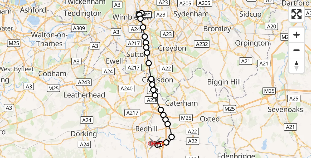 Flight route Air Ambulance Helicopter St Georges Hospital - Redhill Aerodrome, 20 August 2026, 12:01