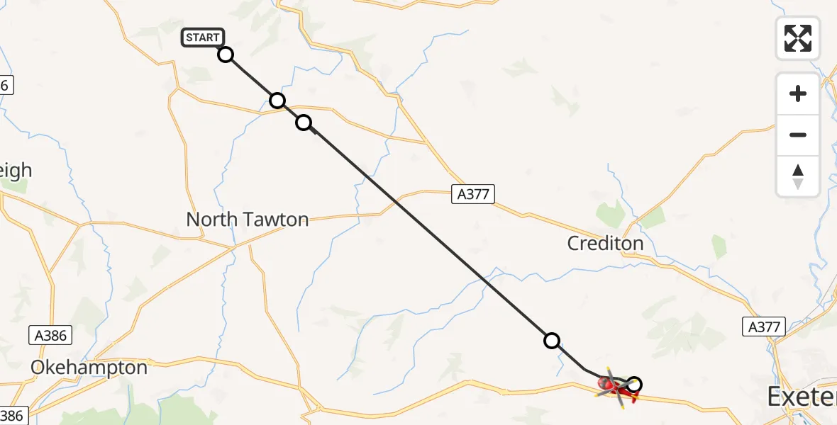 Flight route Air Ambulance Helicopter Winkleigh - Tedburn St Mary, 20 August 2026, 12:03