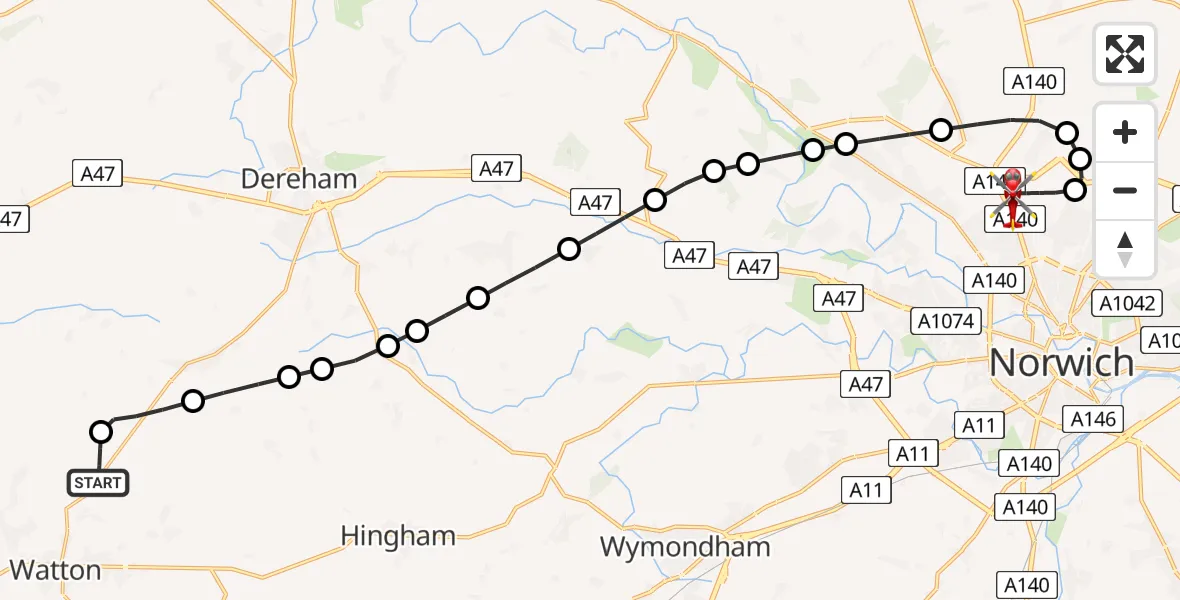 Flight route Air Ambulance Helicopter Ovington - Norwich Airport, 20 August 2026, 12:07