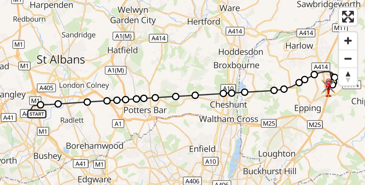 Flight route Air Ambulance Helicopter Watford - North Weald Airfield, 20 August 2026, 12:15