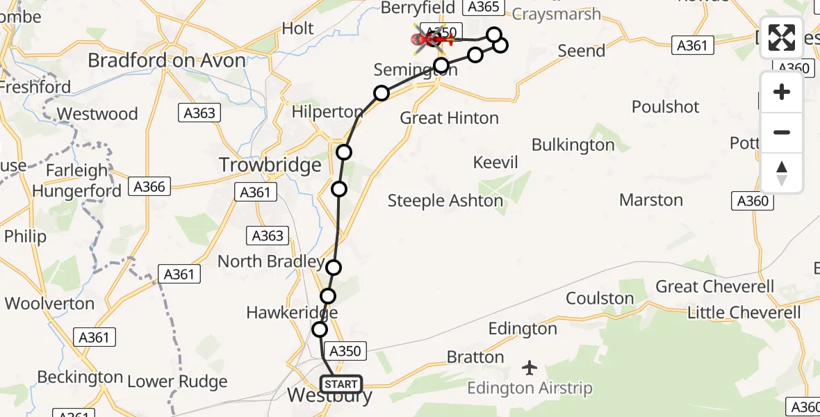 Flight route Air Ambulance Helicopter Westbury - Wiltshire Air Ambulance, 20 August 2026, 12:23