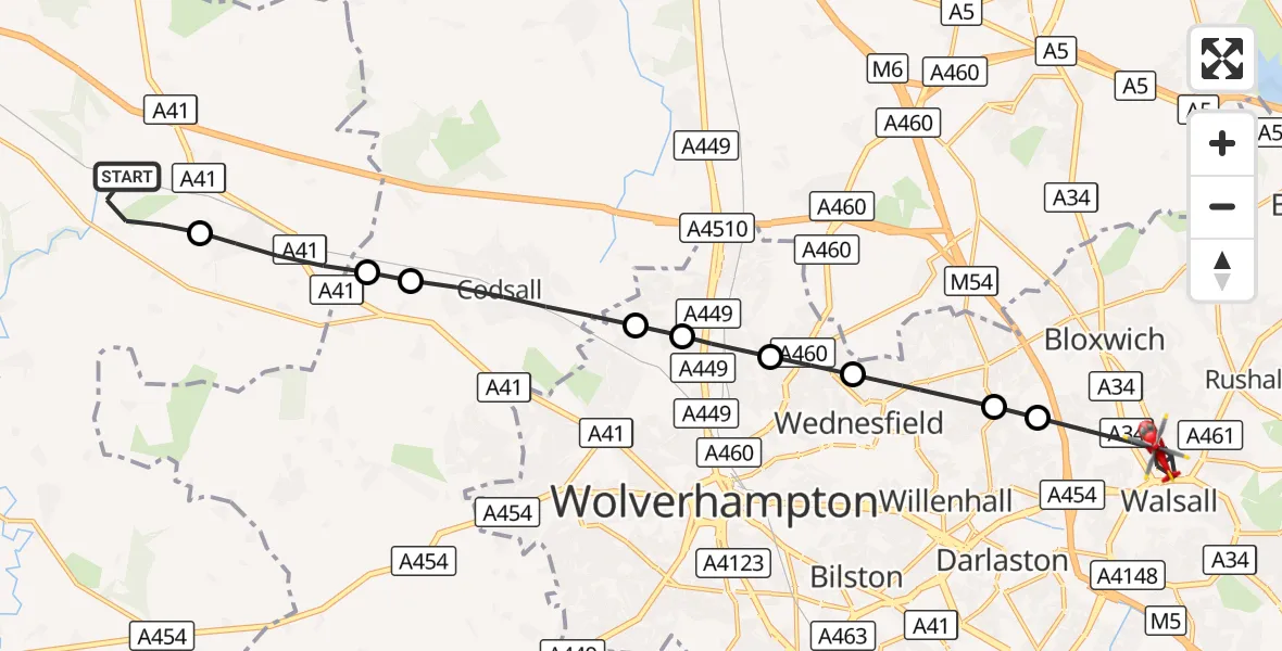 Flight route Air Ambulance Helicopter RAF Cosford - Bloxwich, 20 August 2026, 12:26