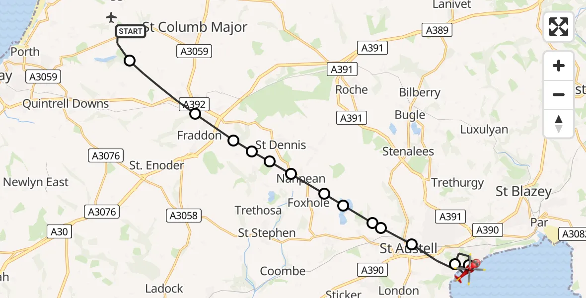 Flight route Air Ambulance Helicopter Cornwall Airport Newquay - Charlestown, 20 August 2026, 12:31