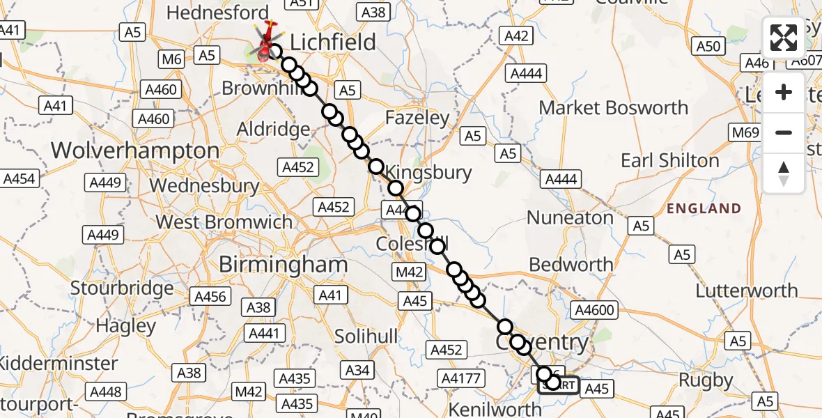 Flight route Air Ambulance Helicopter Coventry Airport - Burntwood, 20 August 2026, 12:45