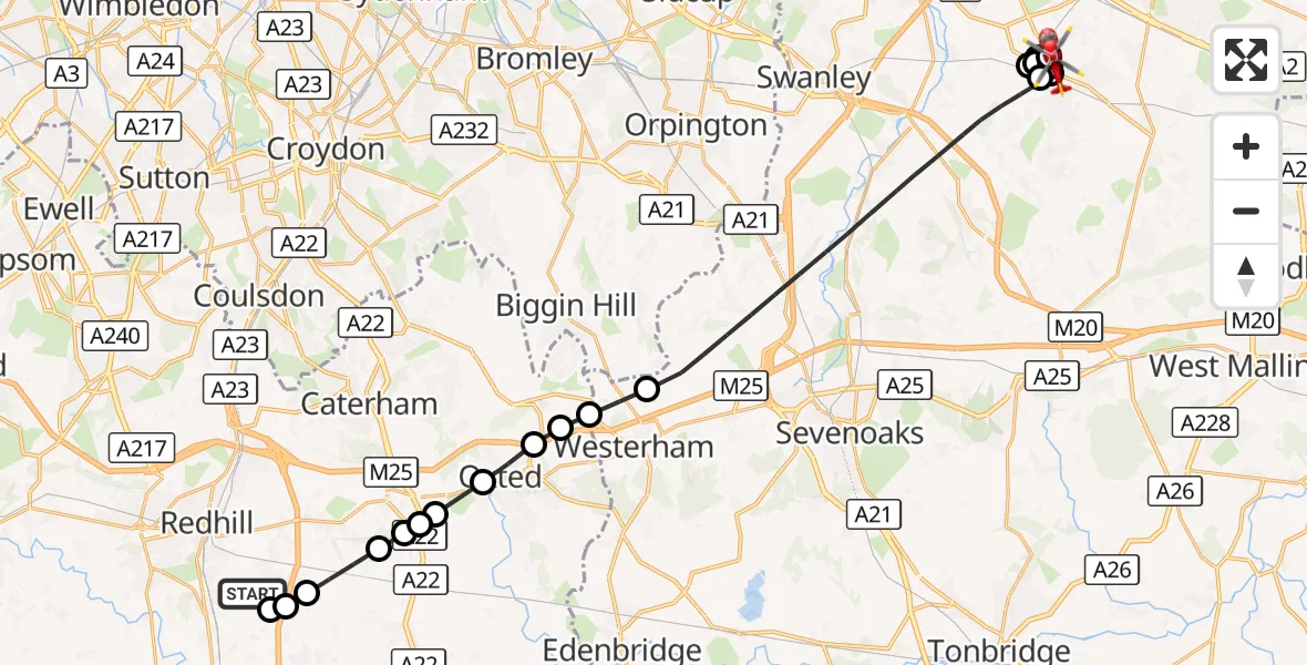 Flight route Air Ambulance Helicopter Redhill Aerodrome - Dartford, 20 August 2026, 12:56