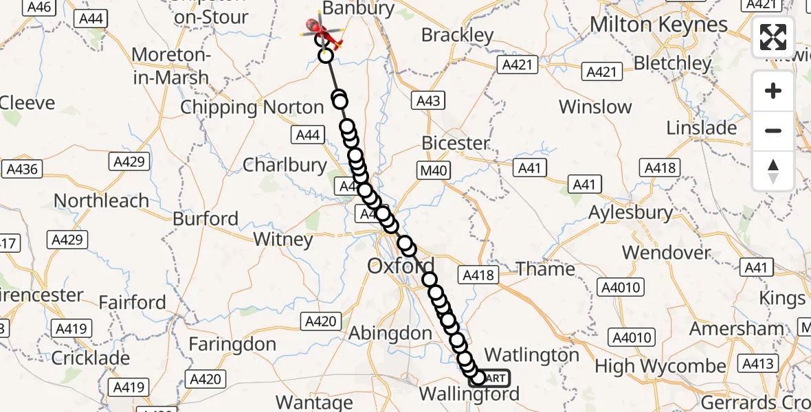Flight route Air Ambulance Helicopter RAF Benson - Cherwell, 20 August 2026, 12:58