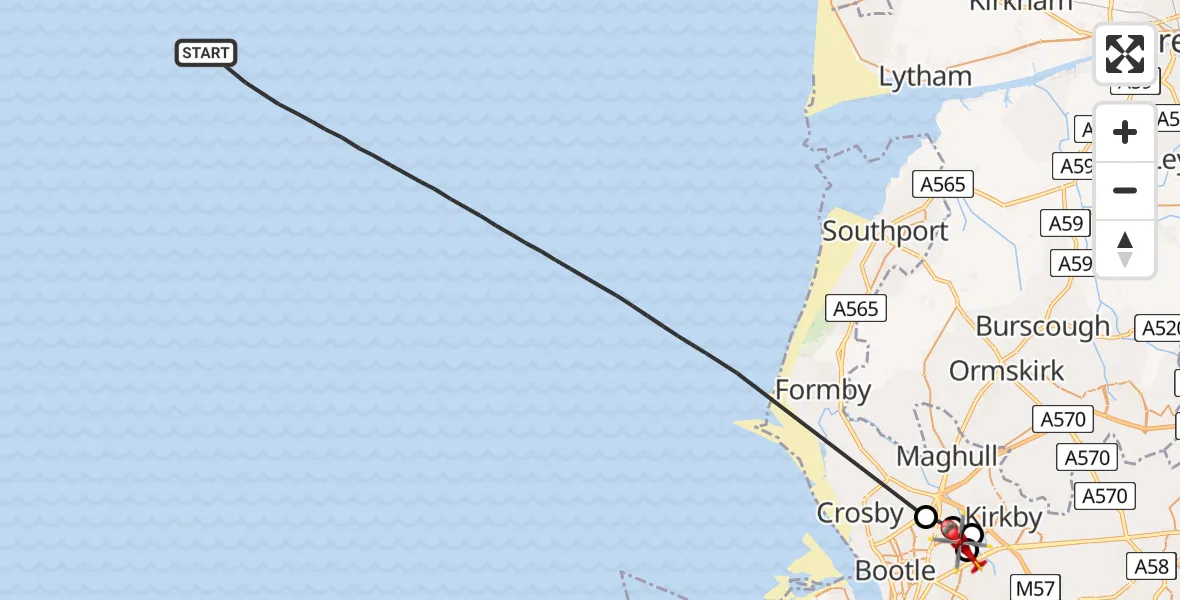 Flight route Air Ambulance Helicopter Irish Sea - Aintree University Hospital Heliport, 20 August 2026, 13:02