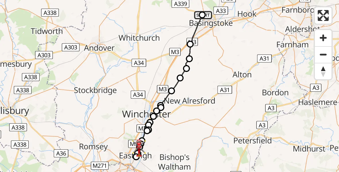Flight route Air Ambulance Helicopter North Hampshire Hospital - Highbridge, 20 August 2026, 13:13