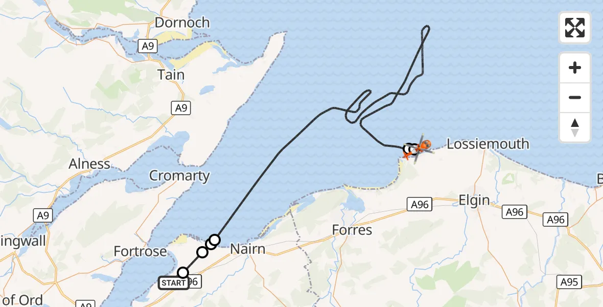 Flight route Coastguard Helicopter Inverness Airport - Cummingston, 20 August 2026, 13:13