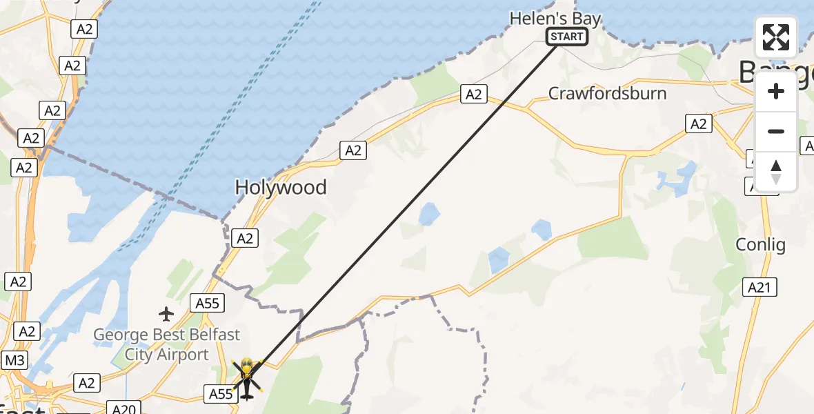 Flight route Police Helicopter Helen's Bay - Belfast City District, 20 August 2026, 13:14