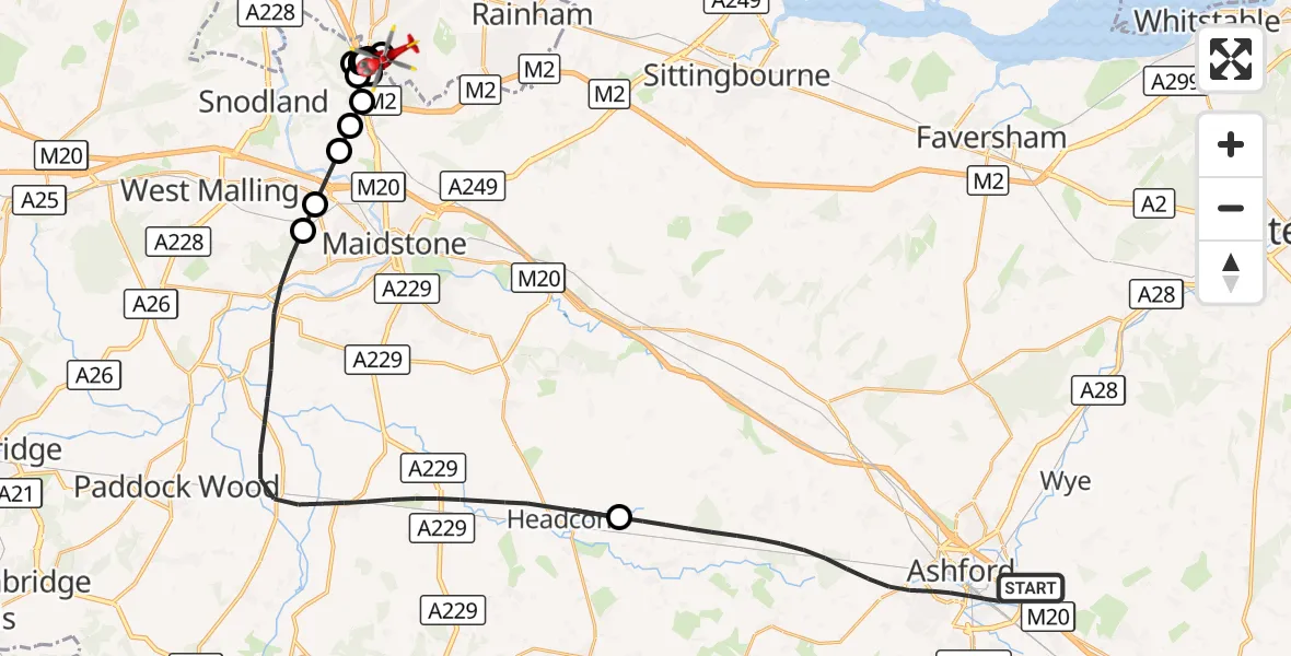 Flight route Air Ambulance Helicopter Ashford - Chatham, 20 August 2026, 13:15