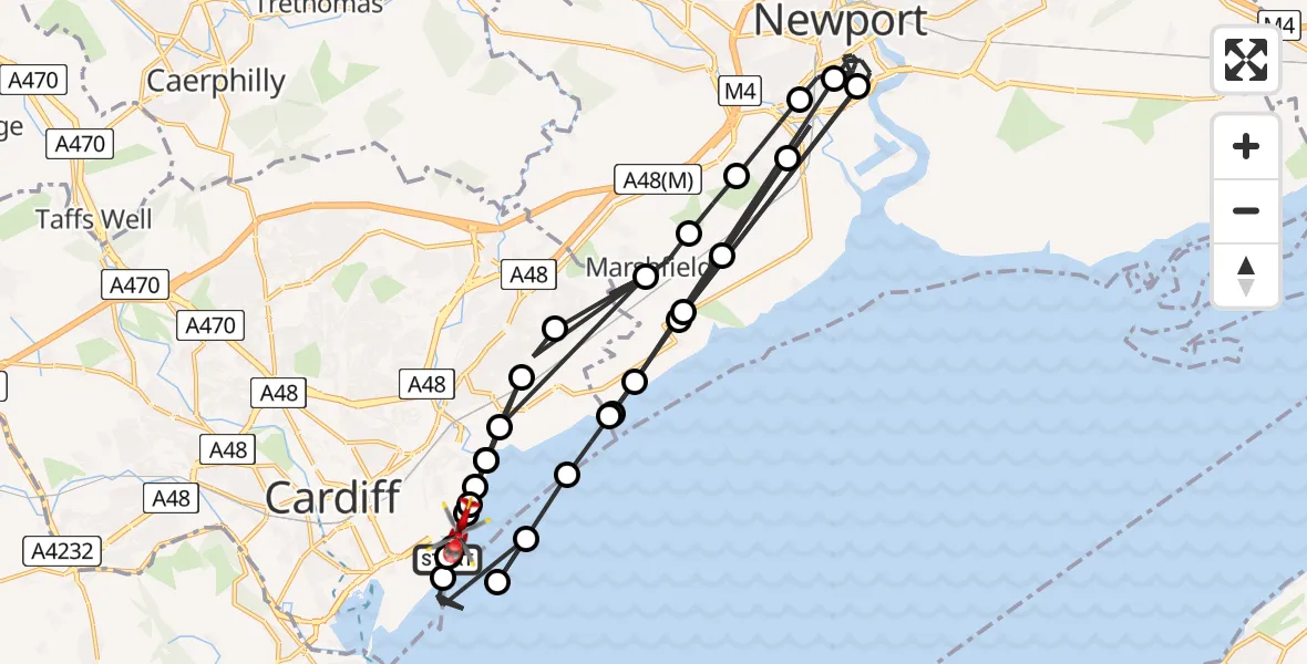 Flight route Air Ambulance Helicopter Cardiff Heliport - Pengam Green, 20 August 2026, 13:27