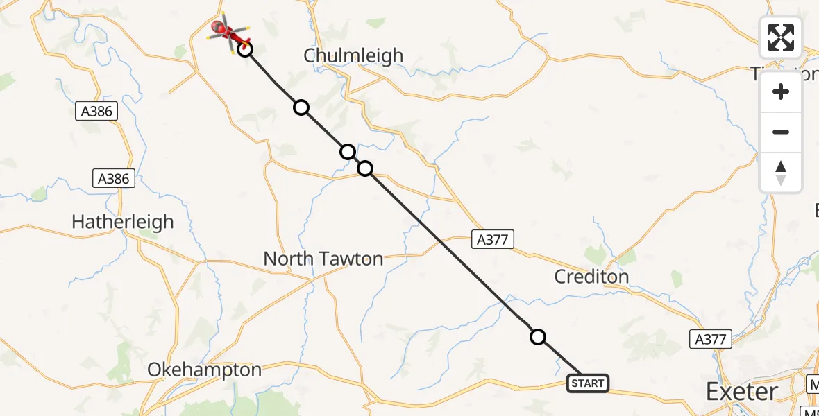 Flight route Air Ambulance Helicopter Tedburn St Mary - Ashreigney, 20 August 2026, 13:29
