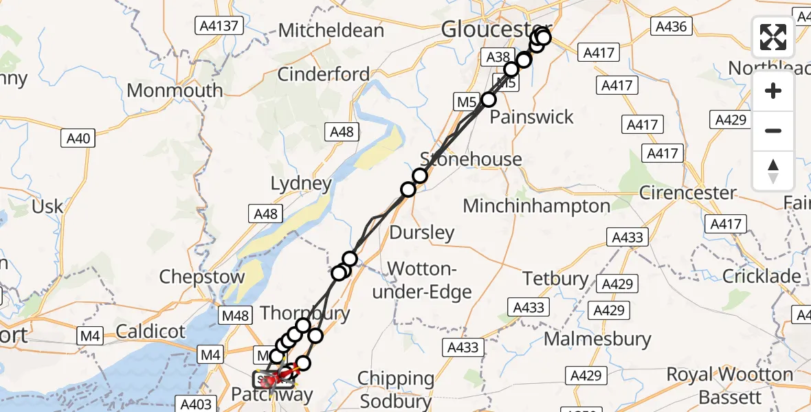 Flight route Air Ambulance Helicopter Almondsbury - Almondsbury Helicopter Base, 20 August 2026, 13:35
