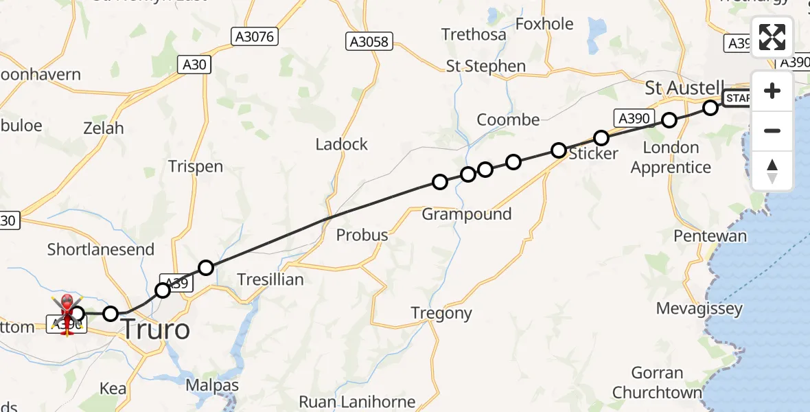 Flight route Air Ambulance Helicopter St. Austell - Treliske Hospital, 20 August 2026, 13:35