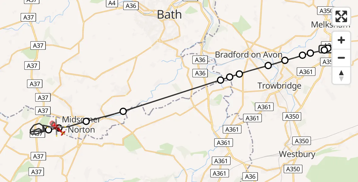 Flight route Air Ambulance Helicopter Wiltshire Air Ambulance - Ston Easton, 20 August 2026, 13:42