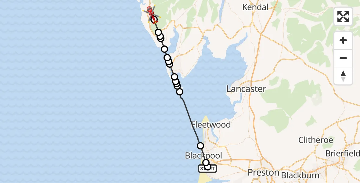 Flight route Air Ambulance Helicopter Blackpool Airport - Waberthwaite, 20 August 2026, 13:44