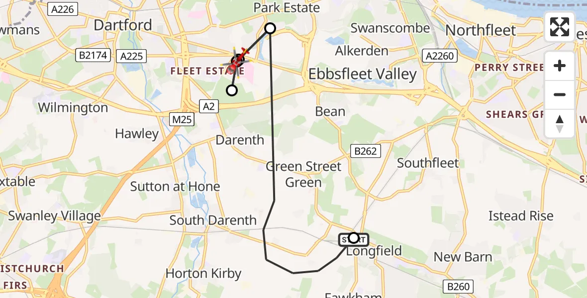 Flight route Air Ambulance Helicopter Dartford - Darent Valley Hospital, 20 August 2026, 13:47