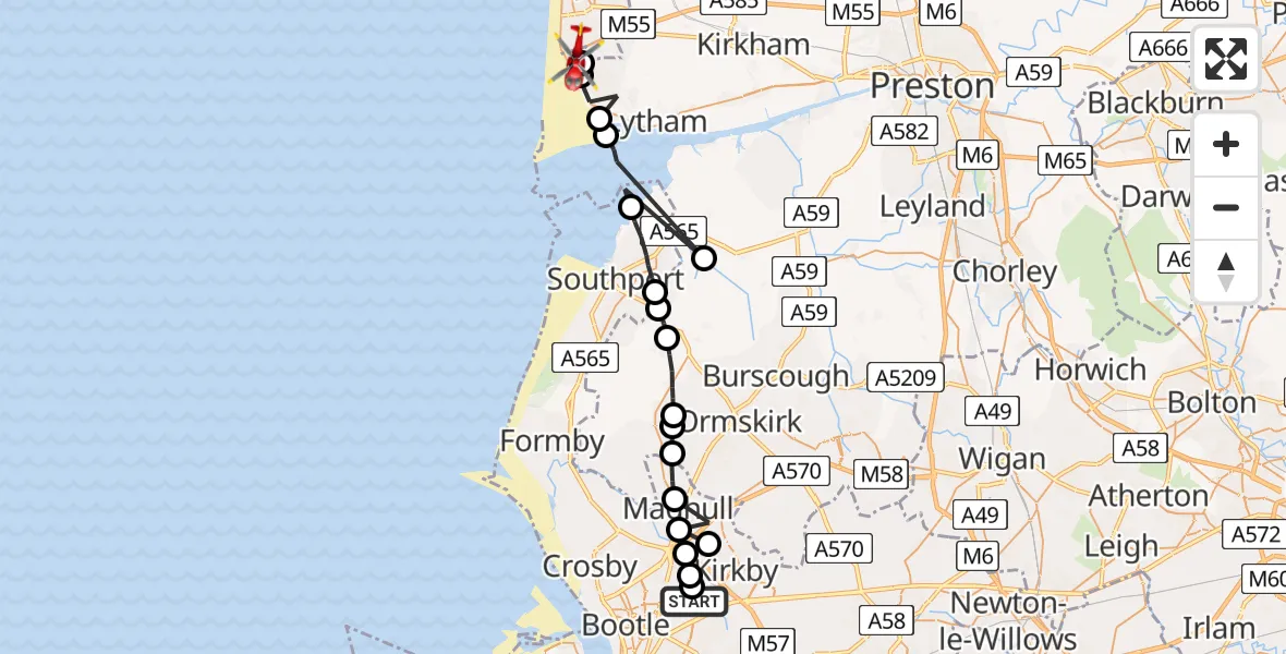 Flight route Air Ambulance Helicopter Aintree University Hospital Heliport - Blackpool Airport, 20 August 2026, 13:56