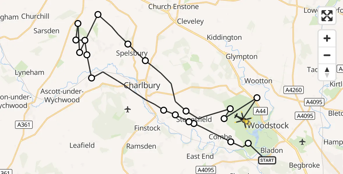 Flight route Police Helicopter Bladon - Combe, 20 August 2026, 14:05