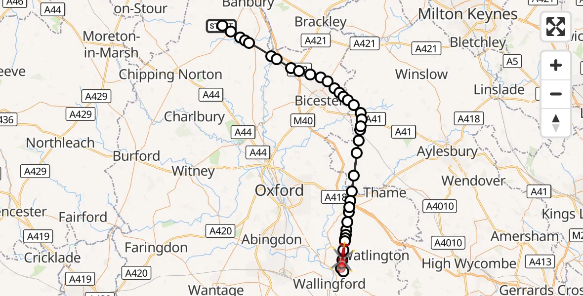 Flight route Air Ambulance Helicopter Cherwell - Berrick Salome, 20 August 2026, 14:06