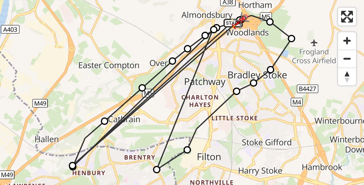 Flight route Air Ambulance Helicopter Almondsbury Helicopter Base - Almondsbury Helicopter Base, 20 August 2026, 14:17