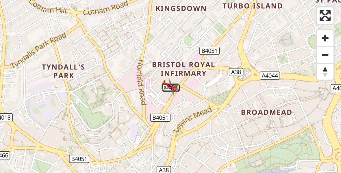 Flight route Air Ambulance Helicopter Bristol Royal Infirmary - Bristol Royal Infirmary, 20 August 2026, 14:20