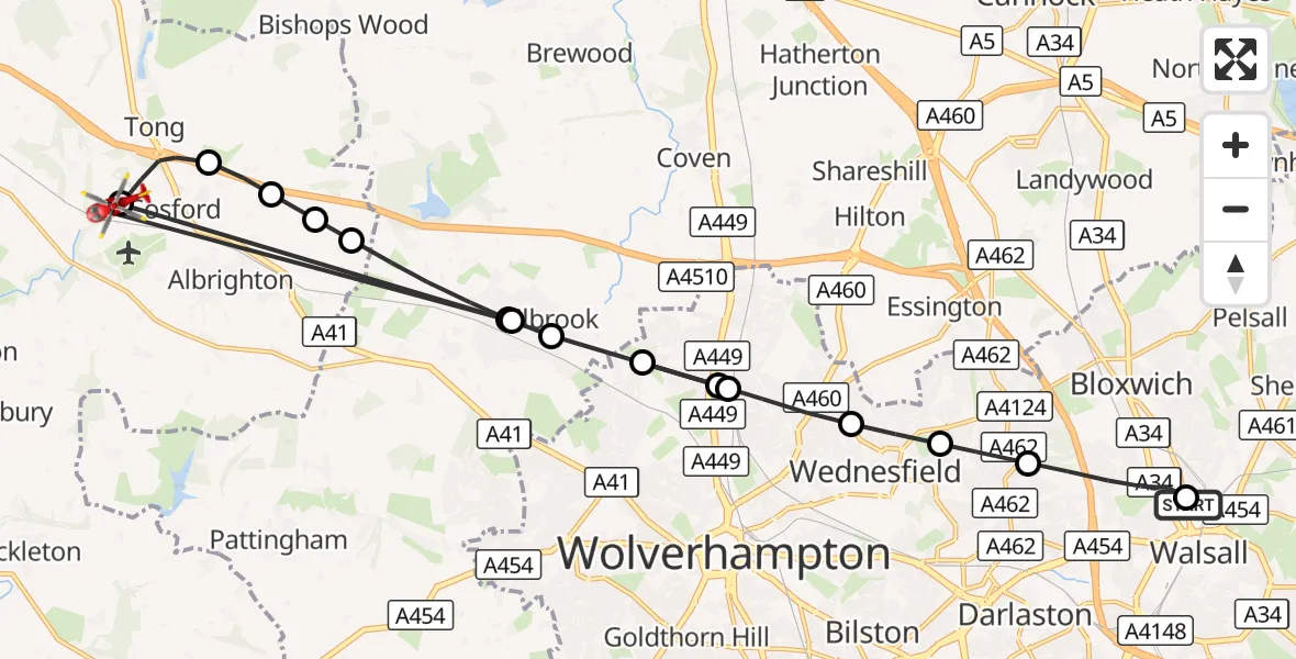 Flight route Air Ambulance Helicopter Bloxwich - Cosford, 20 August 2026, 14:21