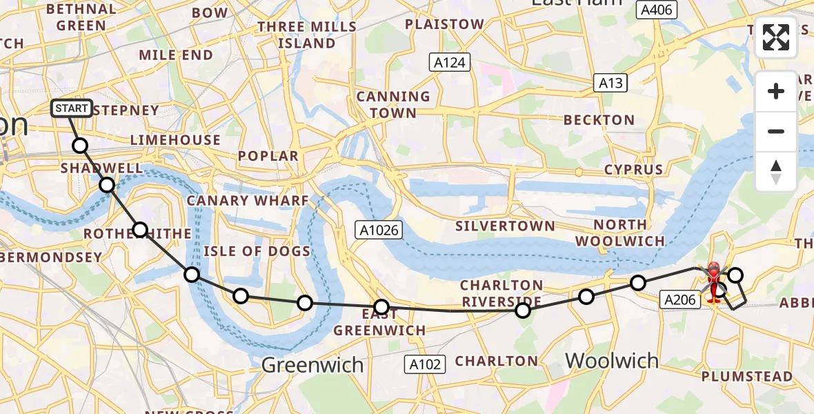 Flight route Air Ambulance Helicopter Royal London Hospital - Greenwich, 20 August 2026, 14:26