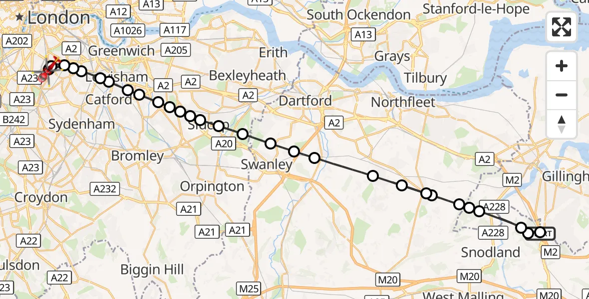 Flight route Air Ambulance Helicopter Rochester Airport - Kings College London Hospital, 20 August 2026, 14:26