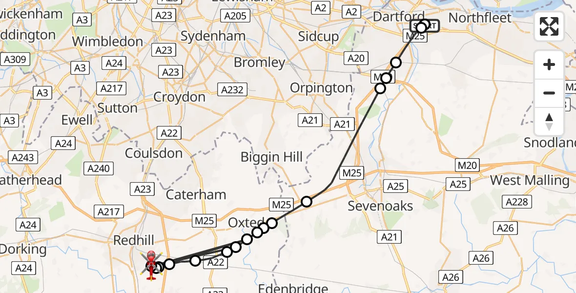 Flight route Air Ambulance Helicopter Darent Valley Hospital - Redhill Aerodrome, 20 August 2026, 14:26