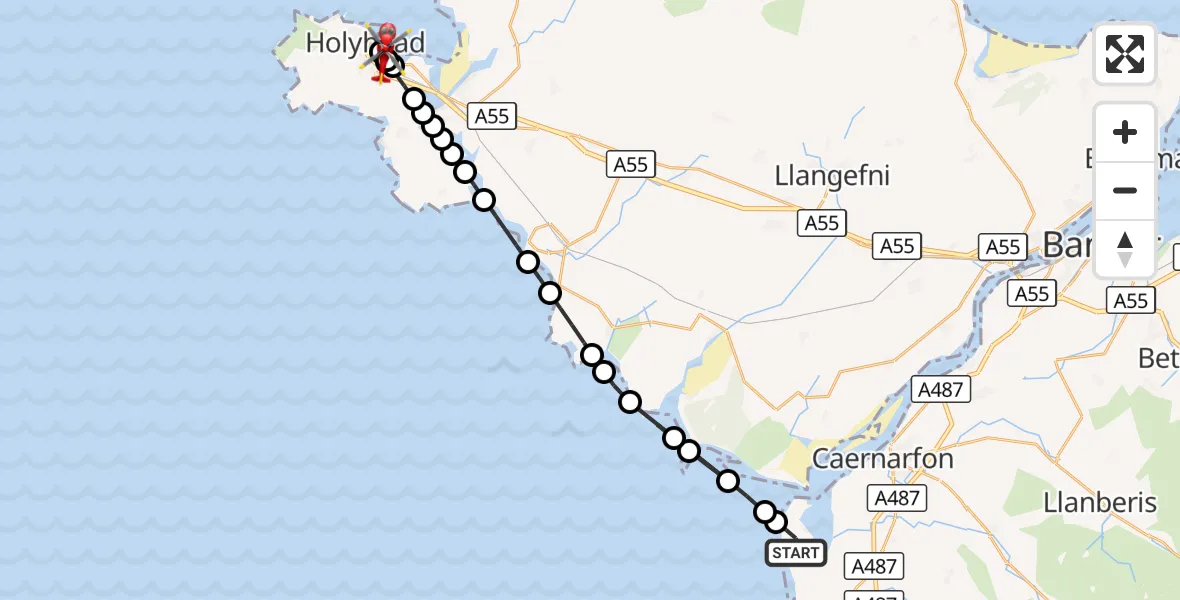 Flight route Air Ambulance Helicopter Caernarfon Airport - Holyhead, 20 August 2026, 14:33