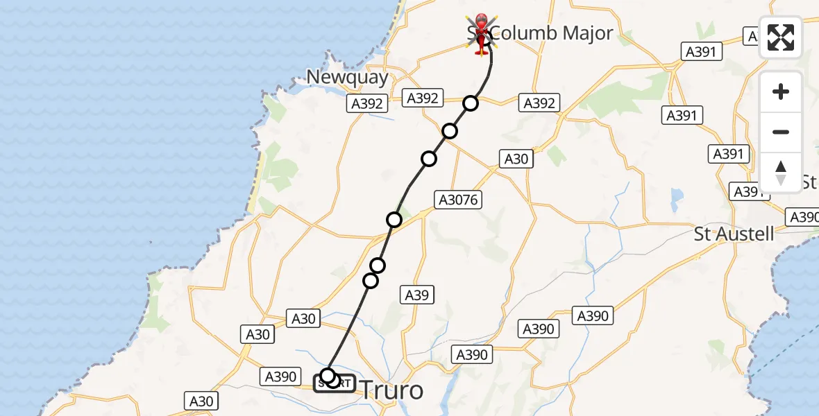 Flight route Air Ambulance Helicopter Treliske Hospital - Cornwall Airport Newquay, 20 August 2026, 14:40