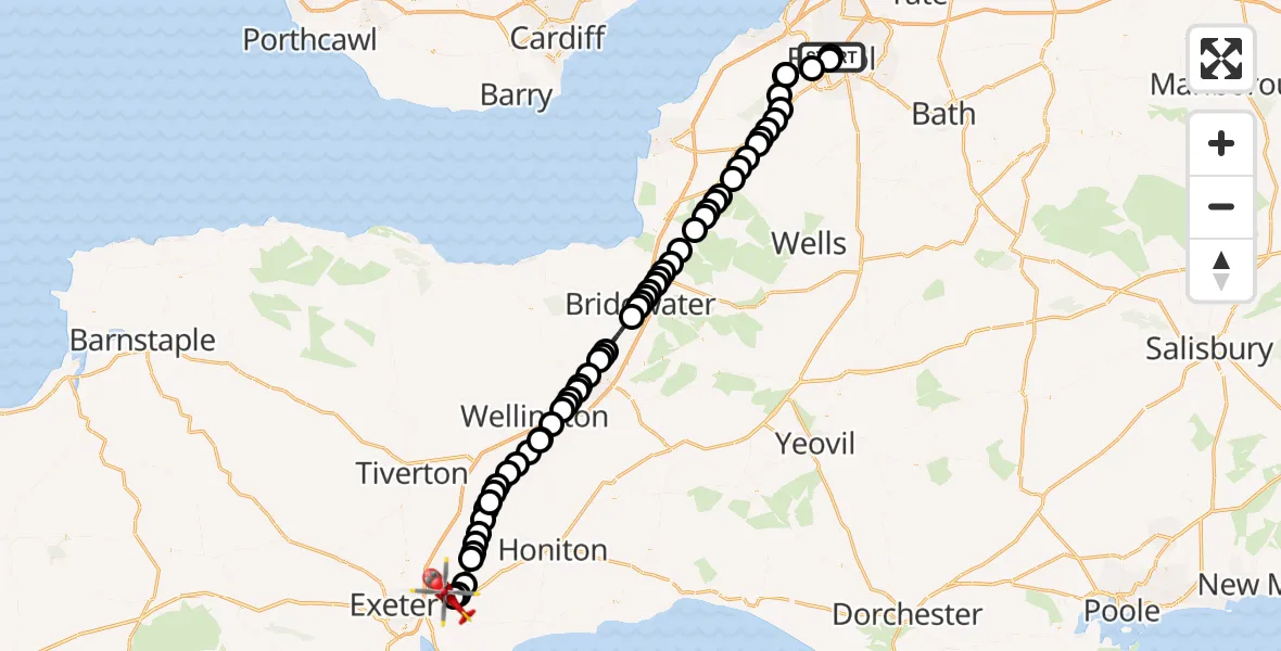 Flight route Air Ambulance Helicopter Bristol Royal Infirmary - Exeter International Airport, 20 August 2026, 14:49