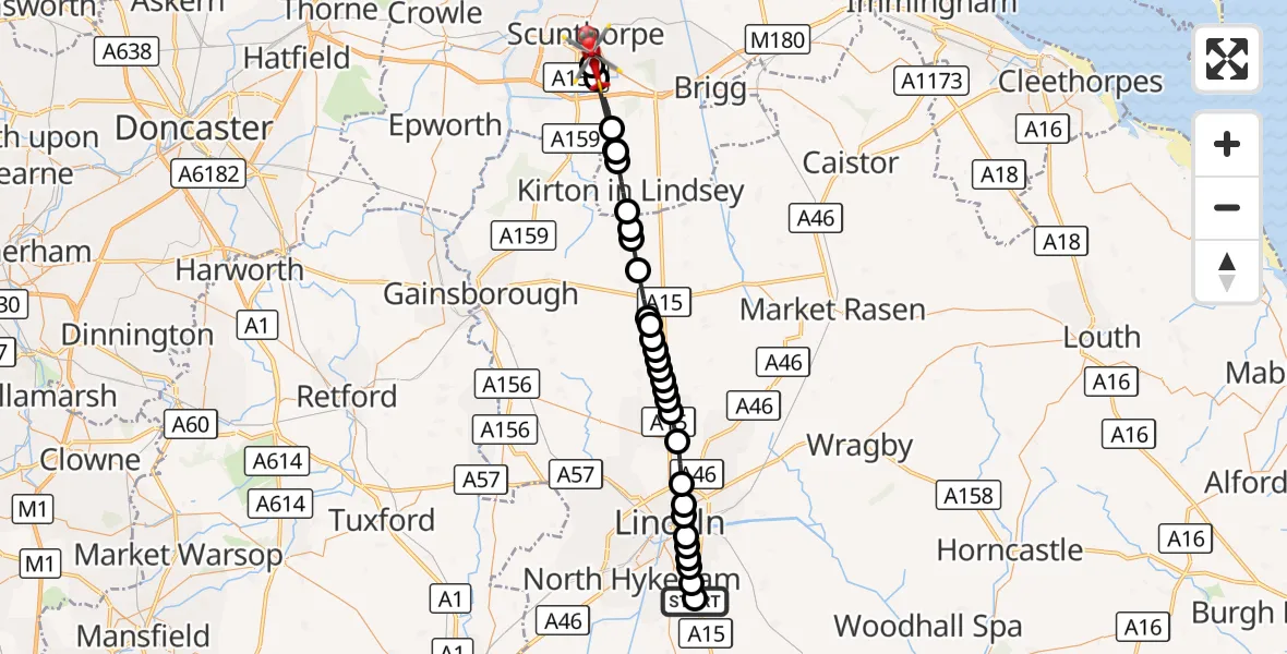 Flight route Air Ambulance Helicopter RAF Waddington - Scunthorpe, 20 August 2026, 14:49