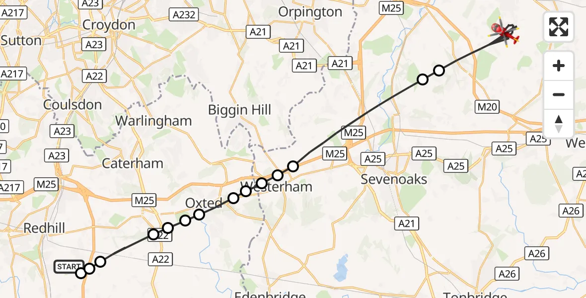 Flight route Air Ambulance Helicopter Redhill Aerodrome - Sevenoaks, 20 August 2026, 14:56