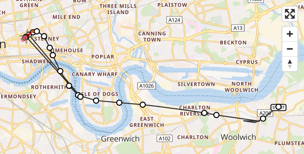 Flight route Air Ambulance Helicopter Plumstead - Royal London Hospital, 20 August 2026, 14:56