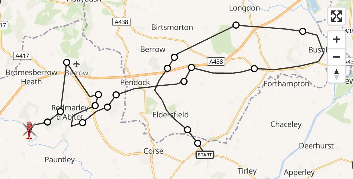 Flight route Air Ambulance Helicopter Tewkesbury - Redmarley d'Abitot, 20 August 2026, 14:56