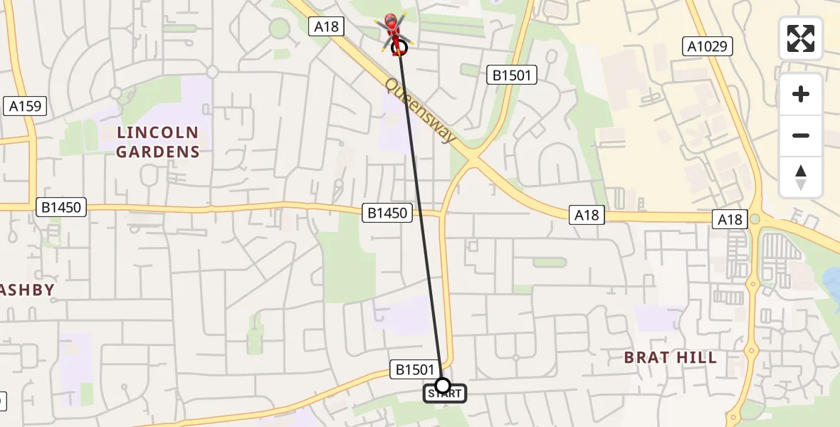 Flight route Air Ambulance Helicopter Lincoln Gardens - Scunthorpe, 20 August 2026, 15:09