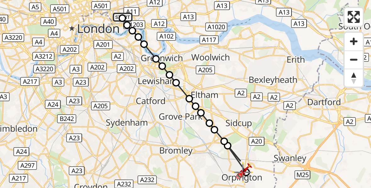 Flight route Air Ambulance Helicopter Royal London Hospital - Poverest, 20 August 2026, 15:13
