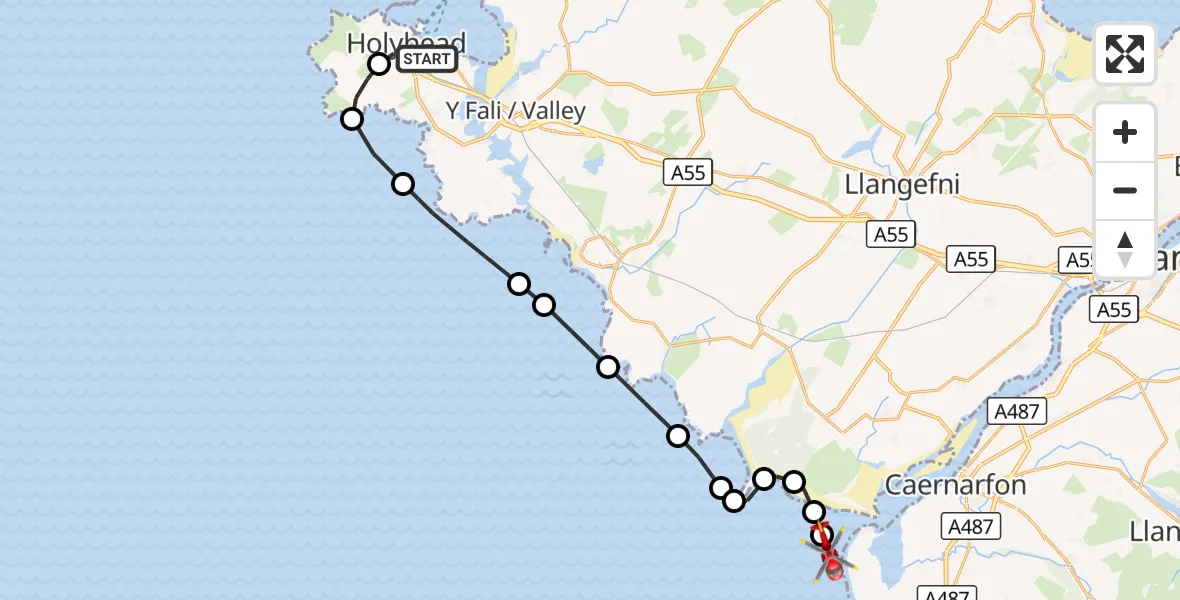 Flight route Air Ambulance Helicopter Holyhead - Dinas Dinlle, 20 August 2026, 15:15